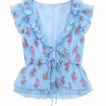 Light Blue Floral Ruffle Sleeveless Peplum Top