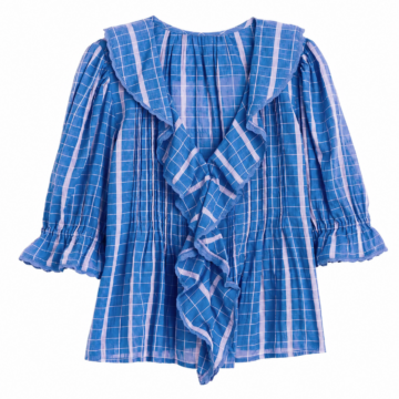Blue White Windowpane Check Ruffle Blouse with Puff Sleeves