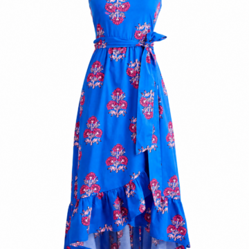 Blue Floral Sleeveless Maxi Dress with Square Neck and Waist Tie