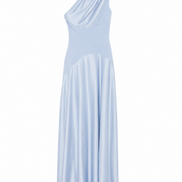 Light Blue One-Shoulder Maxi Dress with Draped Bodice and Pleated Skirt