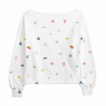 White Nautical Flag Print Off-Shoulder Cropped Sweatshirt