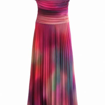 Watercolor Ombre Off-Shoulder Maxi Dress with Ruched Bodice and Pleated Skirt