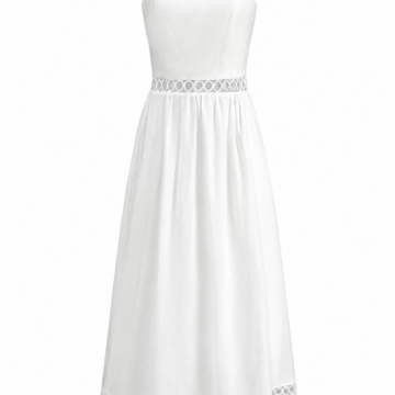 White Sleeveless Midi Dress with Lace Trim and Gathered A-Line Skirt