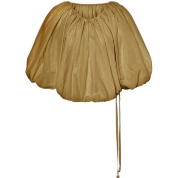 Gold-Brown Cropped Balloon Top with Drawstring and Crinkled Texture