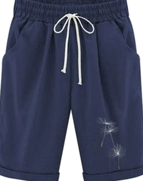 Navy Blue Pull-On Shorts with White Dandelion Embroidery and Drawstring